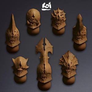 May include: A collection of seven brown, textured, sculpted helmet-like objects with jagged edges, pointed crests, and toothy, snarling mouth-like openings. Each piece is mounted on a small brown sphere. The word Koi is printed at the top centre.
