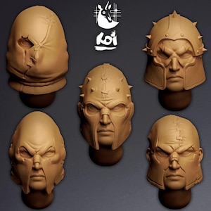 May include: Five tan-coloured sculpted busts of stylized, fierce-looking faces are displayed. The busts feature various headgear, including helmets with spikes and stitched masks. The logo "koi" is visible in the upper right corner.