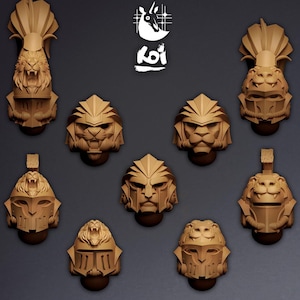 May include: A collection of intricately sculpted lion head busts in various designs. The busts are a warm brown color and feature detailed manes, facial expressions, and some are adorned with helmets. The image includes a white logo with a bird and the word "koi".