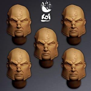 May include: Five tan-colored sculpted heads with stern facial expressions. Each head is mounted on a dark brown base. The heads have a stitched seam down the center and the logo of a bird and the word "koi" in white.