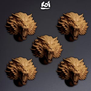 May include: Five identical tan-colored wolf head sculptures arranged in a pentagon pattern. Each wolf head features a snarling expression with an open mouth, visible sharp teeth, and detailed fur texture. The word Koi is printed in white at the top.