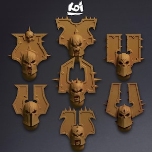 Peut inclure: Un ensemble de six composants de casque miniatures de couleur beige représentant des visages semblables à des crânes avec des bouches ouvertes et des crêtes angulaires pointues avec des pointes. Le mot Koi est imprimé en blanc en haut.