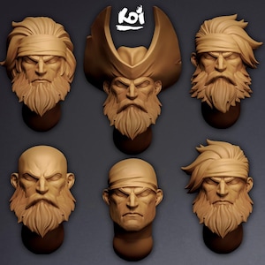 Bucaneros - 6 cabezas en miniatura / 42 mm / Wargaming / kit bash / Bits / Fantasía / Espacio / Pícaro / 32 mm / Estilizado / Costa / Pirata / Capitán