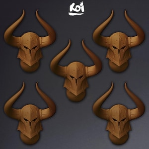 May include: Five bronze-colored wall-mounted bull skull sculptures with large curved horns and a helmeted face design. The sculptures are arranged on a dark gray background. The top left corner has the word "koi" in white.