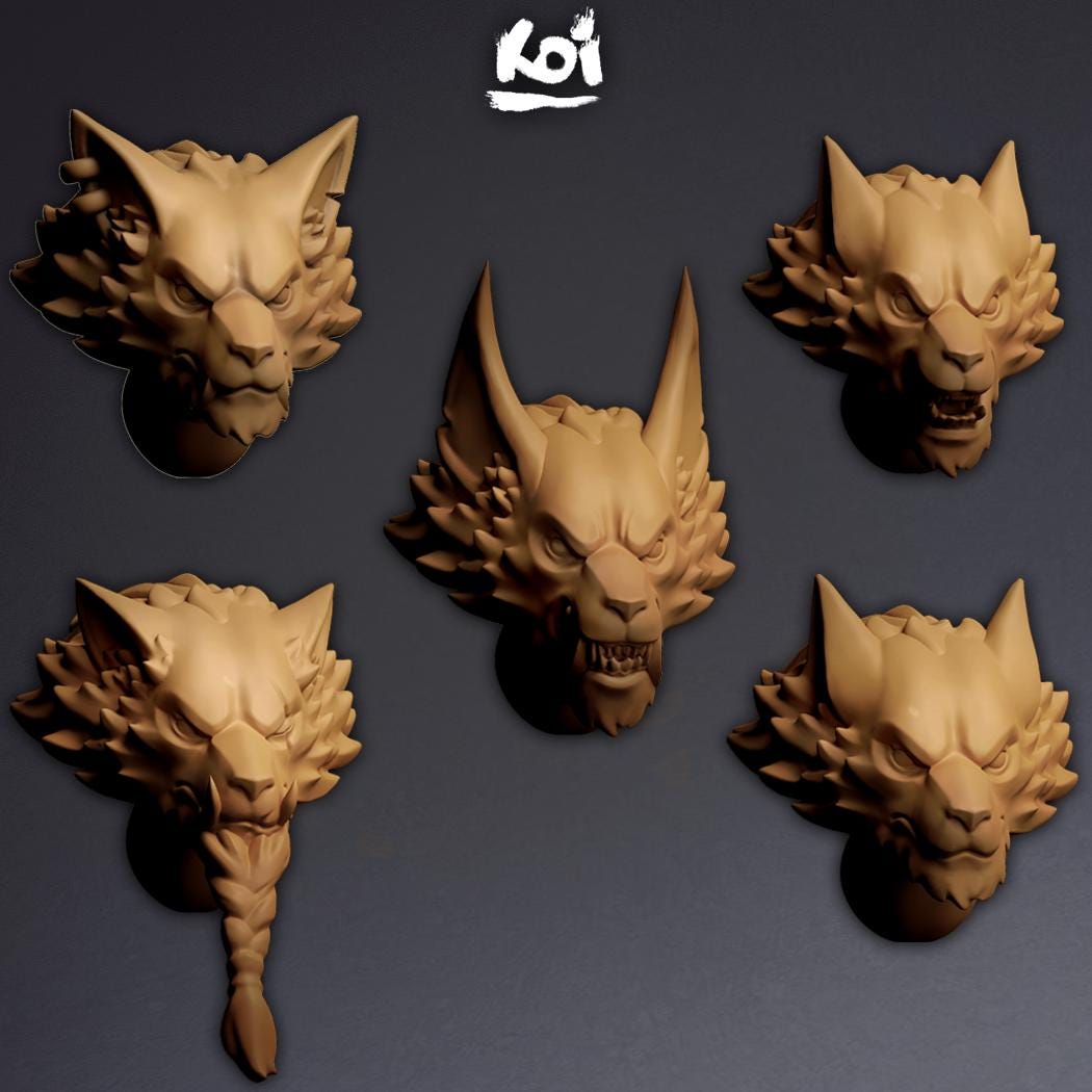 Dire Wolves - 5 Miniature Heads | 42mm | Wargaming | Kit Bashing