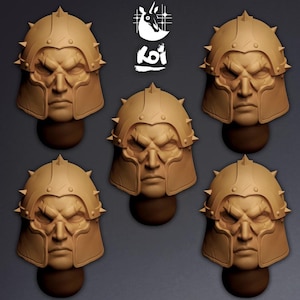May include: Five tan-colored, sculpted helmet busts with stern facial expressions and spiked accents. Each bust is mounted on a dark brown base. The image includes a white logo with a stylized animal and the word "koi".