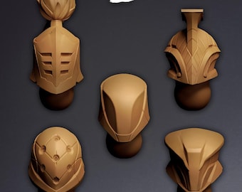 Puede incluir: Cinco modelos de cascos impresos en 3D, de color beige y sin pintar, dispuestos en grupo. Cada casco presenta un diseño distinto, incluyendo uno con cresta, uno con cúpula lisa, uno con superficie texturizada y uno con visera puntiaguda. La palabra Koi es visible.