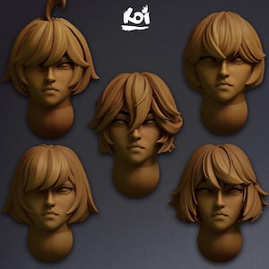 May include: Five tan-coloured sculpted busts of a person with various hairstyles. The busts are arranged in a square pattern against a dark grey background. The top right bust has a longer hairstyle. The top left bust has a ponytail. The word "koi" is in the top right corner.