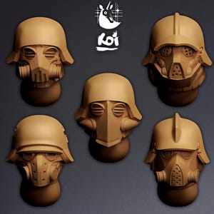 May include: Five tan-colored, stylized helmet sculptures with integrated face masks. The helmets have a military or industrial aesthetic, with various designs for the mask and helmet shape. The logo "koi" is visible in the upper left corner.