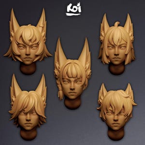 Fenrari - Miniature Heads | 32mm | Wargaming | kit bashing | Bits | Fantasy | Space | Furry | Animal | Wolf | 42mm | Stylized | Cat | Girls