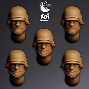 May include: Five sculptures of a man's head wearing a helmet, in a tan colour. The sculptures are arranged in a circular pattern against a dark grey background. The sculptures have a detailed, realistic appearance. A white logo with a bird and text is in the upper left.