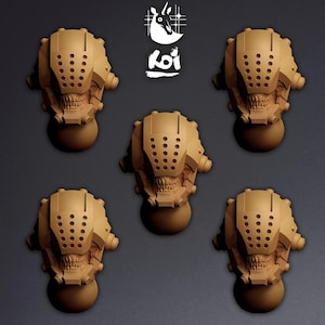 May include: Five tan-coloured, futuristic skull-shaped sculptures with a perforated design and a rounded base. The sculptures are arranged on a dark grey background. A white logo with a bird and the word "koi" is in the top right corner.