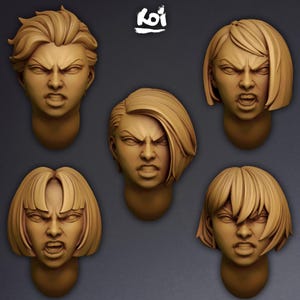 May include: Five tan-colored sculpted heads with various short hairstyles, each displaying an intense, angry facial expression with bared teeth and furrowed brows. The word Koi is printed in white at the top center of the dark gray background.