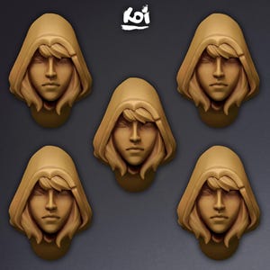 May include: Five identical tan-colored miniature resin heads featuring a hooded figure with a neutral expression and layered hair. The word Koi is printed in white at the top center of the image. Each head is sculpted with a pointed hood.