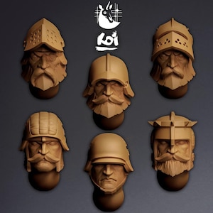 Könnte beinhalten: Sechs braune Skulpturen von bärtigen Männern mit Helmen. Die Helme variieren im Design, einige mit Visieren und andere mit dekorativen Elementen. Die Skulpturen sind in einem Rastermuster vor einem dunklen Hintergrund angeordnet. Oben rechts befindet sich ein weißes Logo.