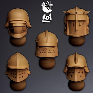 May include: Five tan-coloured medieval knight helmets, each with distinct designs. They are displayed on brown spherical stands against a dark backdrop. A white logo with a bird and Japanese text is in the top right corner.