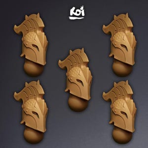 May include: Five tan-colored miniature helmets with a crest and a rounded base, arranged in a pentagonal formation. Each helmet features a textured scale pattern on the side and a smooth, pointed visor. The word Koi is printed in white at the top.