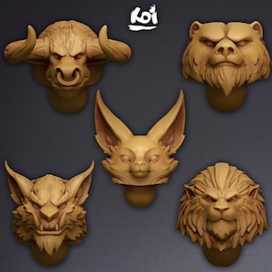 May include: A collection of five tan-coloured animal head sculptures featuring a bull, a bear, a fennec fox, a wolf, and a lion. Each bust is rendered in a monochromatic style with detailed fur and facial features. The word Koi is printed at the top.