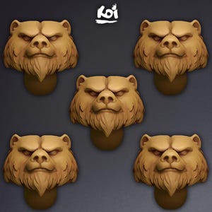 May include: Five identical tan bear head sculptures arranged in a pentagon pattern. Each bear head features a detailed snout, pointed ears, and a textured mane. The word Koi is printed in white at the top centre of the dark grey background.