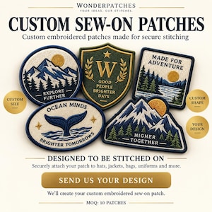 May include: Five custom embroidered sew-on patches featuring various designs including mountains, a whale tail, and a shield with the letter W. Text includes "EXPLORE FURTHER," "GOOD PEOPLE BRIGHTER DAYS," "MADE FOR ADVENTURE," "OCEAN MINDS," and "HIGHER TOGETHER."