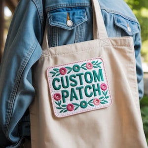 Op de afbeelding: Een beige draagtas met een rechthoekige patch. De patch heeft de groene tekst "CUSTOM PATCH", omringd door roze bloemen en groene bladeren. De tas wordt over een spijkerjasje gedragen.