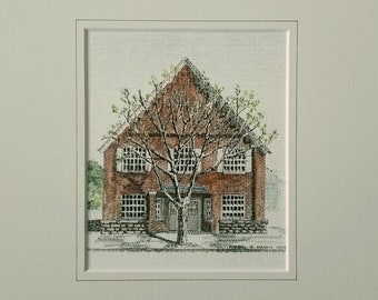 Pittsford, New York, Main St. hand colored print, architectural print, old brick church