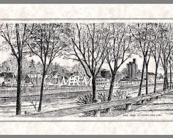 Erie Canal, Pittsford, Nueva York impresión lápiz blanco negro y dibujo de tinta, Schoen Place