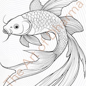 Könnte beinhalten: Detaillierte Schwarz-Weiß-Illustration eines Koi-Karpfens. Der Fisch wird in einer dynamischen Pose mit fließenden Flossen und einem strukturierten Körper dargestellt. Das Kunstwerk zeigt komplizierte Linienarbeiten, die die Schuppen und die Bewegung des Fisches vor einem wellenförmigen Hintergrund erfassen.