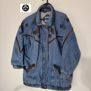 Vintage MCM 1980s Acid Wash Denim jacket Tapestry Bomber Jacket Geometric.