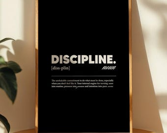 Arte de parede com disciplina | Pôster motivacional minimalista, impressão de citação inspiradora, download digital em preto e branco para escritório, academia e decoração de casa
