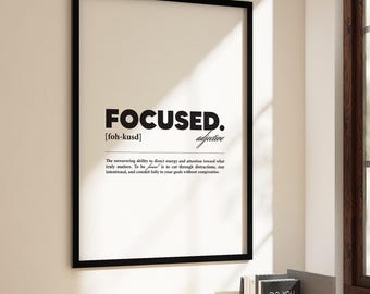 Focused Motivational Poster | Success Mindset Quote Print | White Minimalist Wall Art for Gym, Office, or Home | Digital Download Decor