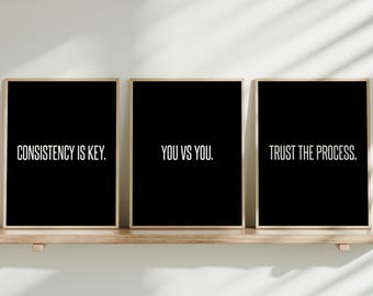 Motivational Quote Poster Set of 3 | Printable Wall Art Digital Bundle | You vs You, Trust the Process, Consistency is Key | Mindset Decor