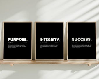 Purpose, Integrity, Success Wall Art Set | Minimalist Motivational Poster Bundle, Inspirational Quote Prints, Black, White Digital Download