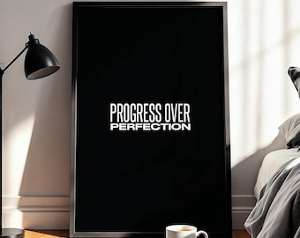 Progress Over Perfection Poster | Motivational Printable Wall Art | Minimal Black and White Quote Print | Instant Digital Download