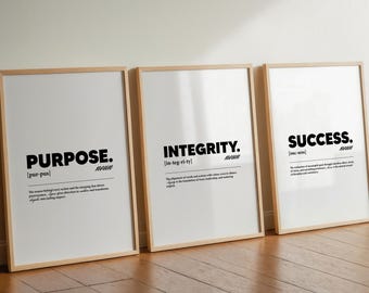 Motivational Wall Art Bundle | Purpose, Integrity, Success Definition Posters | 3 Printable Digital Downloads for Office, Gym, Workspace