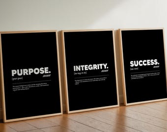 Motivational Wall Art Bundle | Purpose, Integrity, Success Definition Posters | 3 Printable Digital Downloads for Office, Gym, Workspace