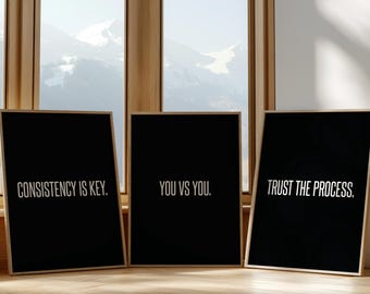 Motivational Poster Set of 3 | You vs You, Trust the Process, Consistency is Key | Minimalist Quote Printable Wall Art Digital Bundle