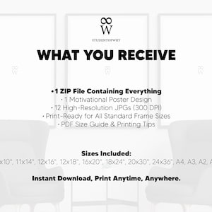 May include: A digital download product image with the text "WHAT YOU RECEIVE". It lists a ZIP file, a motivational poster design, 12 high-resolution JPGs, and print-ready sizes including 8x10", 11x14", and A4. The text "Instant Download, Print Anytime, Anywhere" is also included.