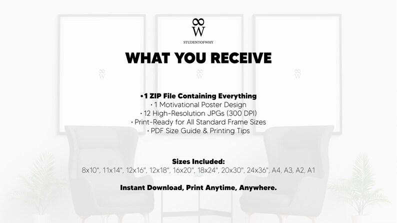 May include: A digital download product image with the text "WHAT YOU RECEIVE". It lists a ZIP file, a motivational poster design, 12 high-resolution JPGs, and print-ready sizes including 8x10", 11x14", and A4. The text "Instant Download, Print Anytime, Anywhere" is also included.