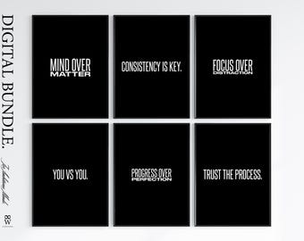 Motivational Poster Set of 6 | Digital Download Printable Wall Art | Minimalist Quote Bundle for Office, Gym, Study, or Home Decor | Instant