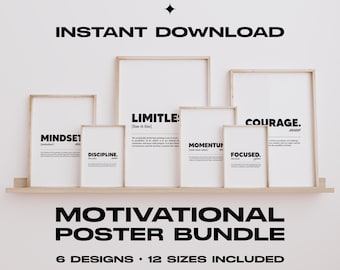 May include: A collection of framed motivational posters with the words "Mindset," "Discipline," "Limitless," "Momentum," "Focused," and "Courage." The posters are displayed on a wooden shelf against a white wall. Text at the top reads "Instant Download."