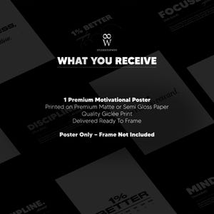 May include: A black and white motivational poster with the text "WHAT YOU RECEIVE" and "1 Premium Motivational Poster". The poster is printed on premium matte or semi-gloss paper and is delivered ready to frame. Frame not included.