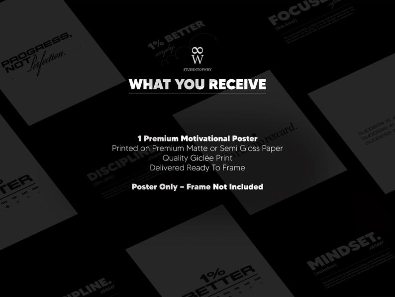 May include: A black and white motivational poster with the text "WHAT YOU RECEIVE" and "1 Premium Motivational Poster". The poster is printed on premium matte or semi-gloss paper and is delivered ready to frame. Frame not included.