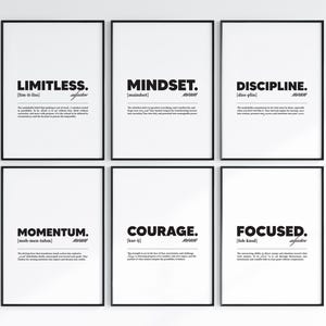 May include: A digital bundle of six framed motivational posters. Each poster features a word in bold text, such as "Limitless" and "Mindset", with a definition below. The posters are in black and white, with a minimalist design.