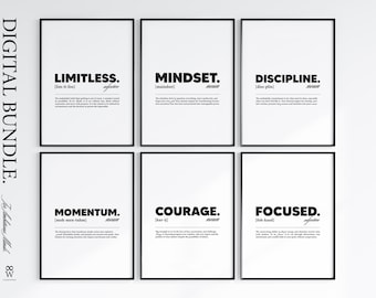 Motivational Poster Bundle | Minimal Black and White Wall Art | Mindset, Discipline, Courage, Focus Quotes | 6 Printable Digital Downloads