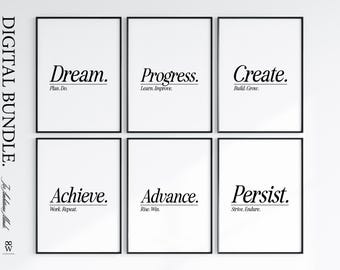 Motivational Poster Bundle | Set of 6 Printable Wall Art | Minimalist Inspirational Quotes for Home Office, Gym, or Workspace