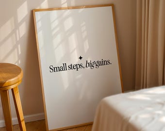 Kleine stappen grote winst citaat print, inspirerende muurkunst, motiverende poster, groeimindset kantoordecor, afdrukbare digitale download
