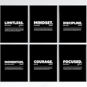 Puede incluir: Un paquete digital de seis carteles motivacionales en blanco y negro. Cada cartel presenta una sola palabra en blanco, como "LIMITLESS" y "MINDSET", con una definición debajo. Las palabras están en una fuente sans-serif.