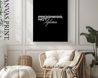 Impresión en lienzo, Progreso no perfección, Arte mural con cita de crecimiento, Decoración motivacional minimalista, Arte de oficina sobre disciplina, Impresión de gimnasio en blanco y negro.