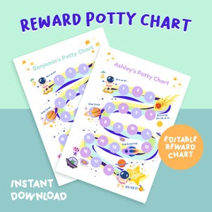 Puede incluir: Dos tablas de recompensas imprimibles para el entrenamiento para ir al baño con ilustraciones temáticas del espacio. Las tablas presentan un camino con círculos numerados, astronautas, planetas y el texto "REWARD POTTY CHART", "INSTANT DOWNLOAD" y "EDITABLE REWARD CHART".
